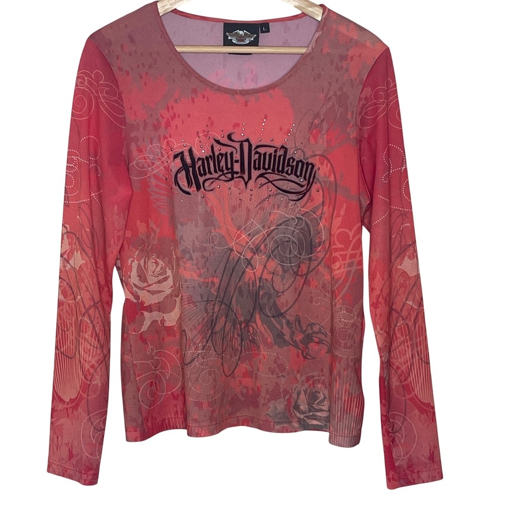 Harley Davidson Womens Red Pink Graphic Rhinestone Long Sleeve Top Large USA